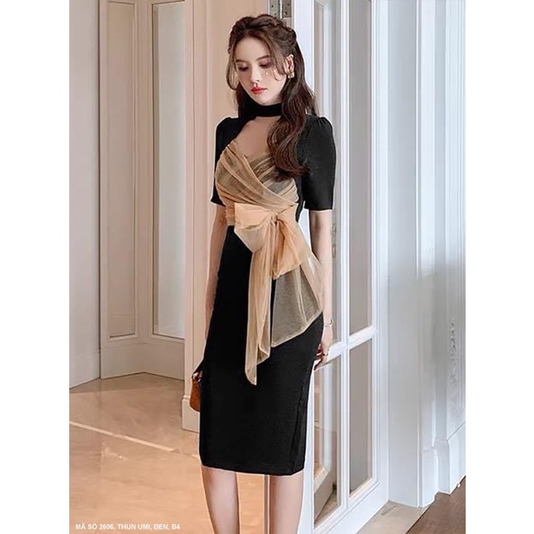 (Có bigsize) Đầm thun thiết kế phối ren đắp tà nơ tay ngắn sang trọng cho bạn nữ đi tiệc