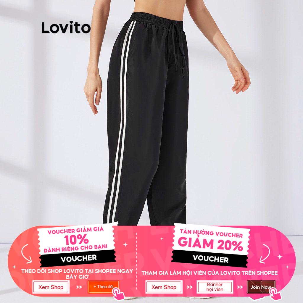 Quần thể thao Lovito chất liệu nylon với dây rộng cột phía trước phối viền tương phản L23AD051 (màu đen)