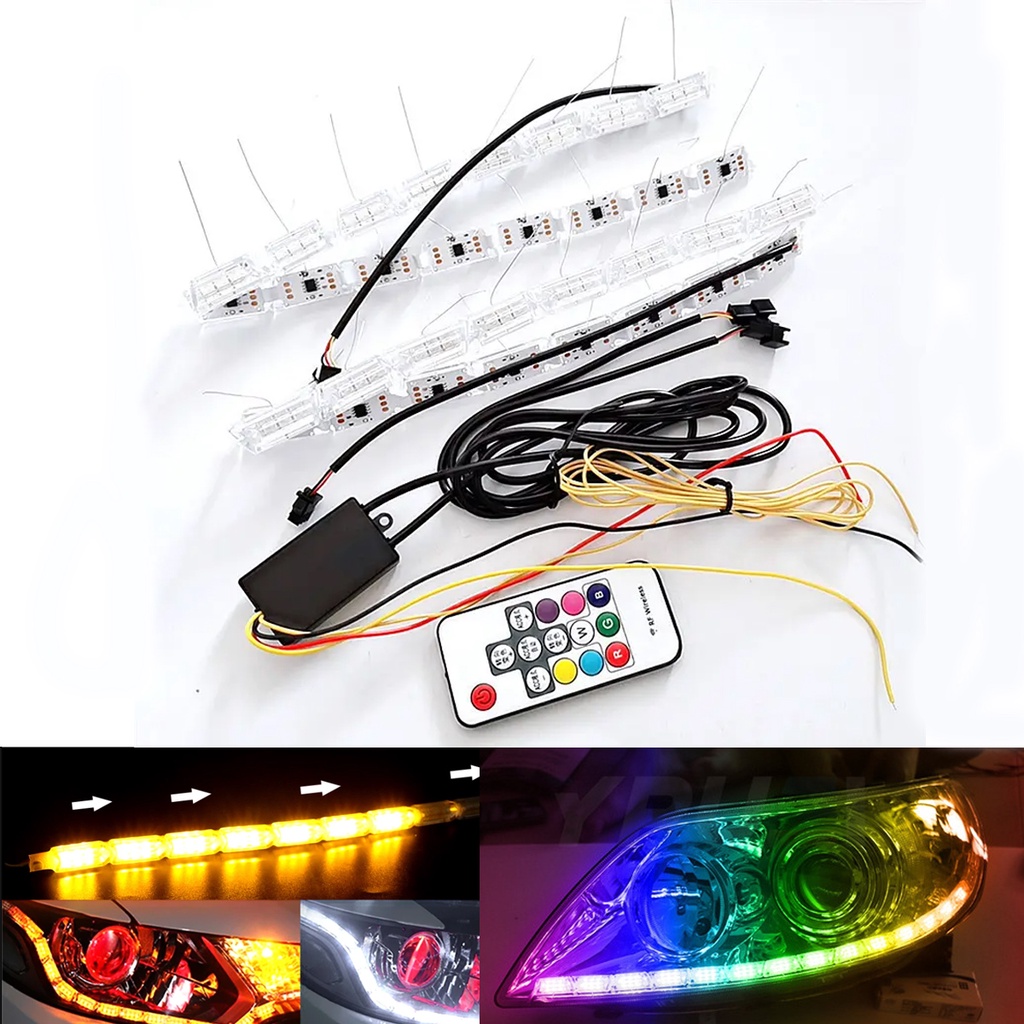 1 Cặp Đèn Pha LED DRL RGB / Amber DRL Cho Xe Hơi Kèm 2 Dải Đèn Pha
