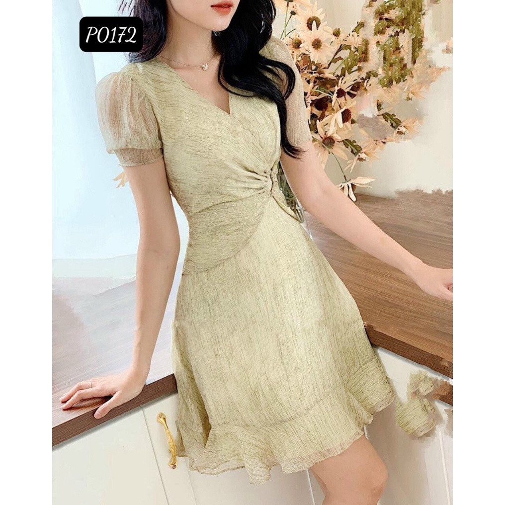 Đầm Dự Tiệc Dáng Xòe ❤️FREESHIP❤️ Cổ V Tay Ngắn Nhún Eo Sang Chảnh