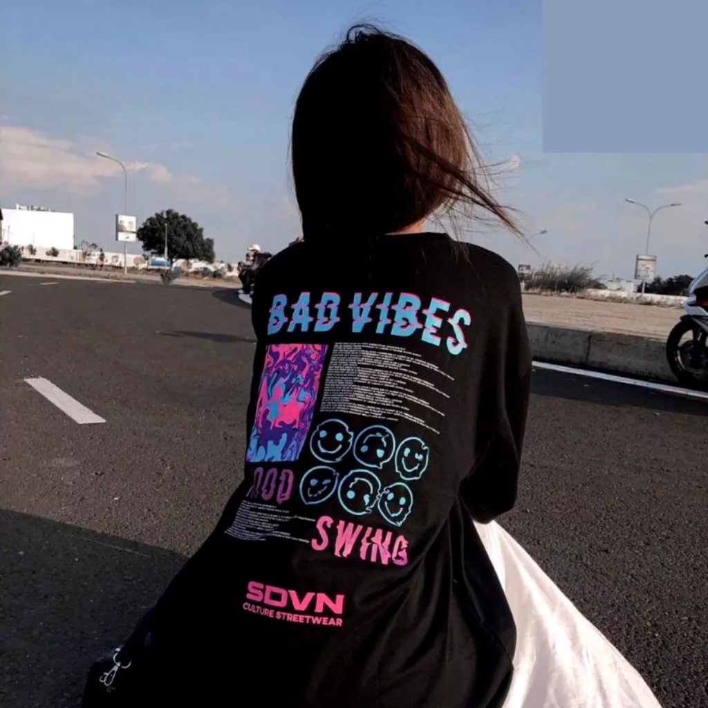 Áo thun tay lỡ form rộng unisex BAD VIBES, Áo phông nam nữ form rộng