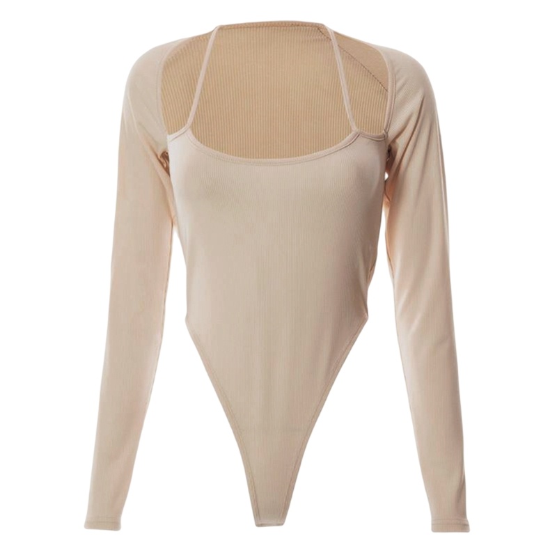 Xiangbao Áo Liền Quần Dài Tay Cổ Vuông Ôm Dáng Màu Trơn Cho Nữ