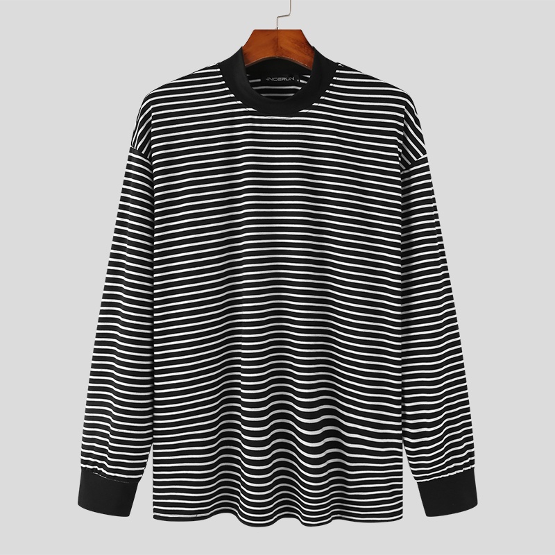 INCERUN Áo Thun Nam Dài Tay Cổ Cao Sọc Ngang Thời Trang