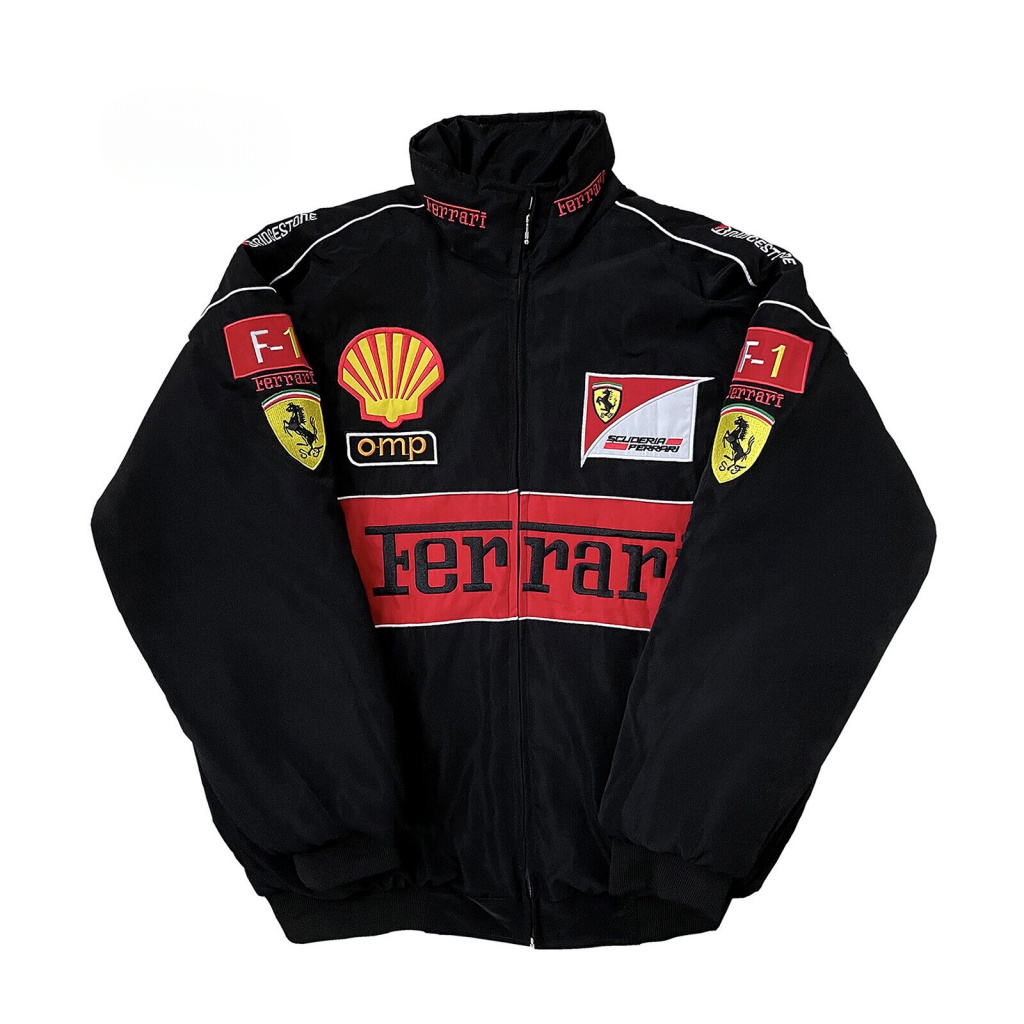 Áo Khoác Cotton Tay Dài Thêu Logo Ferrari Team F1 Màu Đen Thời Trang Thu Đông