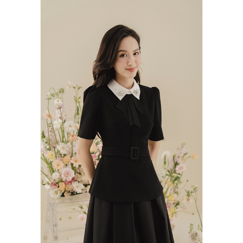 Áo sơ mi phối cổ đính đá peplum đai TIINSTORE AHN684