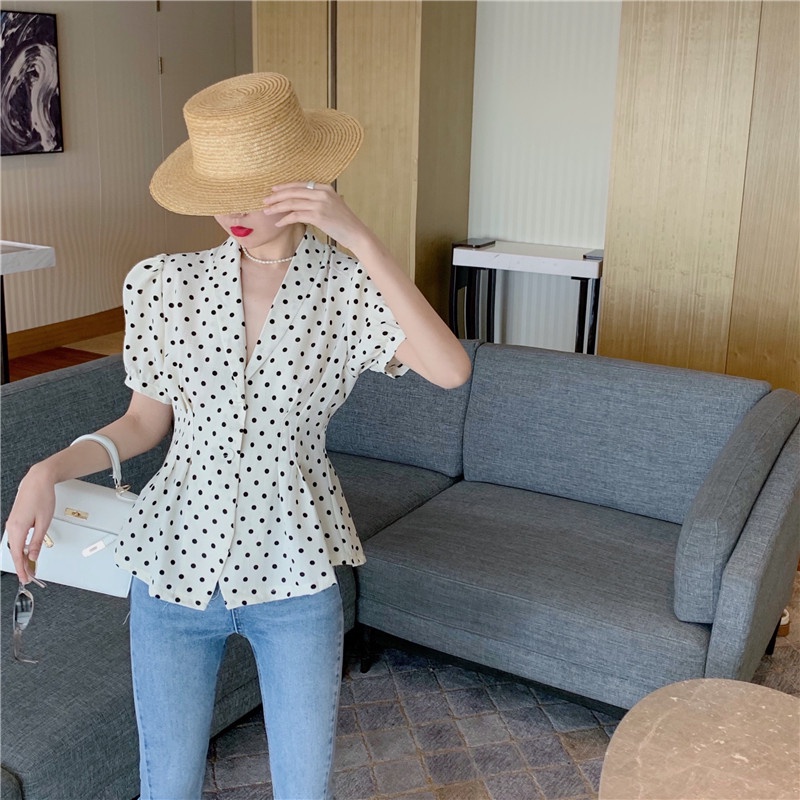 SUXI Áo Sơ Mi Tay Ngắn Họa Tiết Chấm Bi Phong Cách Vintage Hàn Quốc