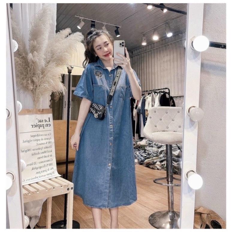 váy jean sơ mi cộc tay 2 túi cho nữ in vai