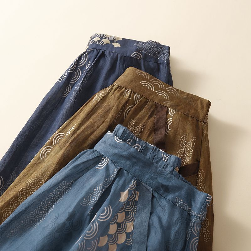 Ice printed cotton and linen skirt women's double-layer Ramie large swing umbrella skirt leak-picking ~ foreign trade big-name counter cut label a-shaped slimming