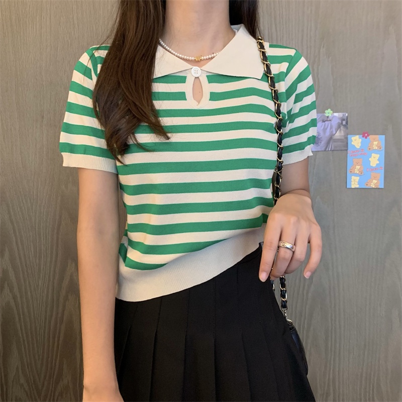 IELGY   Áo polo Dệt Kim Tay Ngắn Dáng Rộng Họa Tiết Kẻ Sọc Thời Trang Cho Nữ