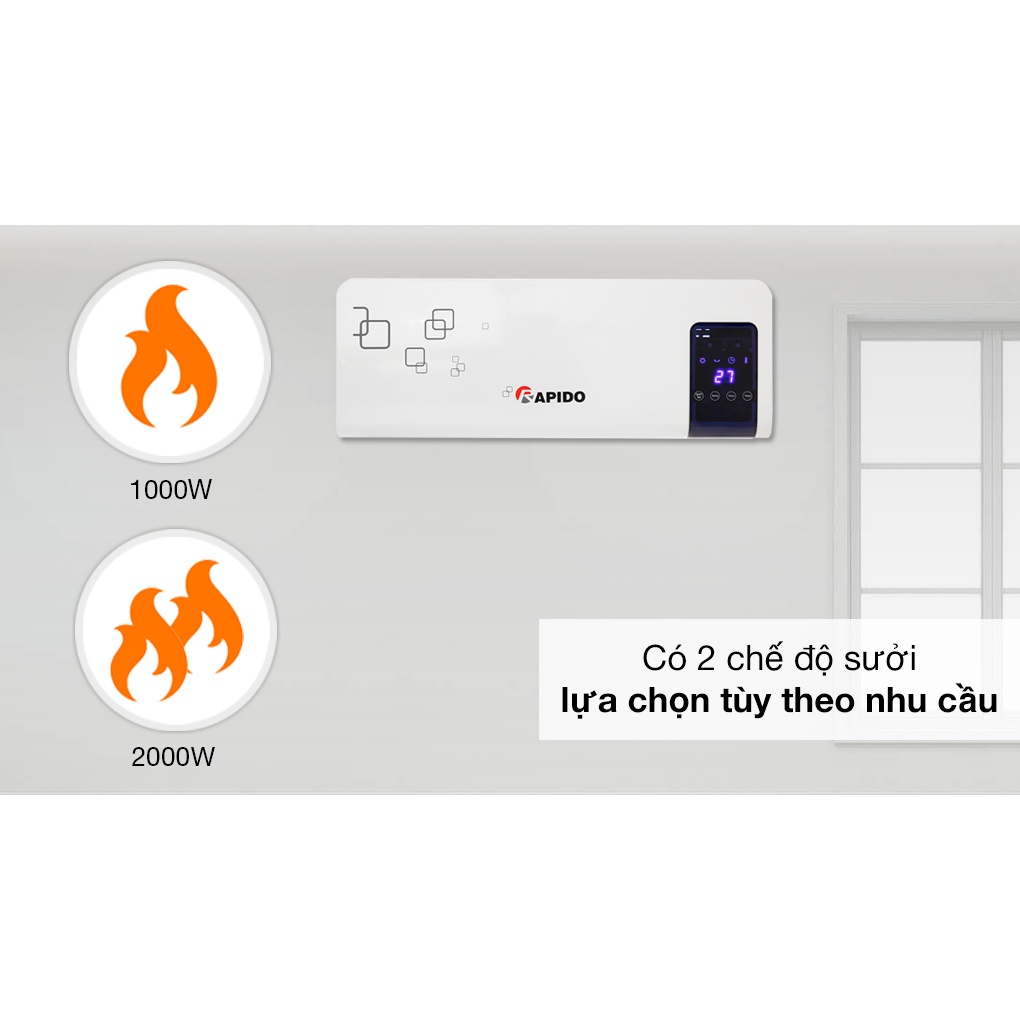 Máy sưởi gốm Rapido điện tử RCH2000-D - Tiêu chuẩn Châu Âu - Tiết kiệm điện năng - Không gây khô da - Hàng chính hãng