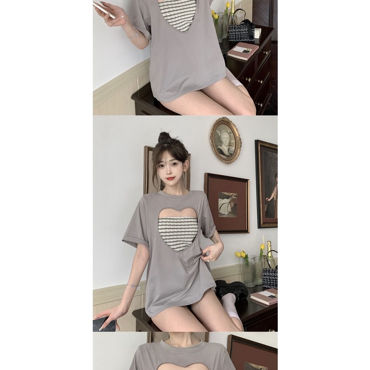 Áo Thun Ngắn Tay Họa Tiết Trái Tim Dạng Ống Kèm Quần Ngắn Ôm Thời Trang Mùa Hè Cho Nữ