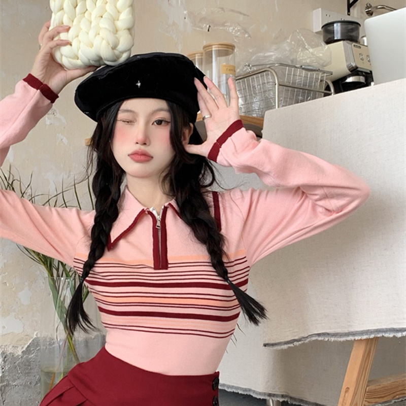 IELGY  Áo sweater Dệt Kim Cổ polo Kẻ Sọc Màu Sắc Tương Phản Ngọt Ngào Cho Nữ