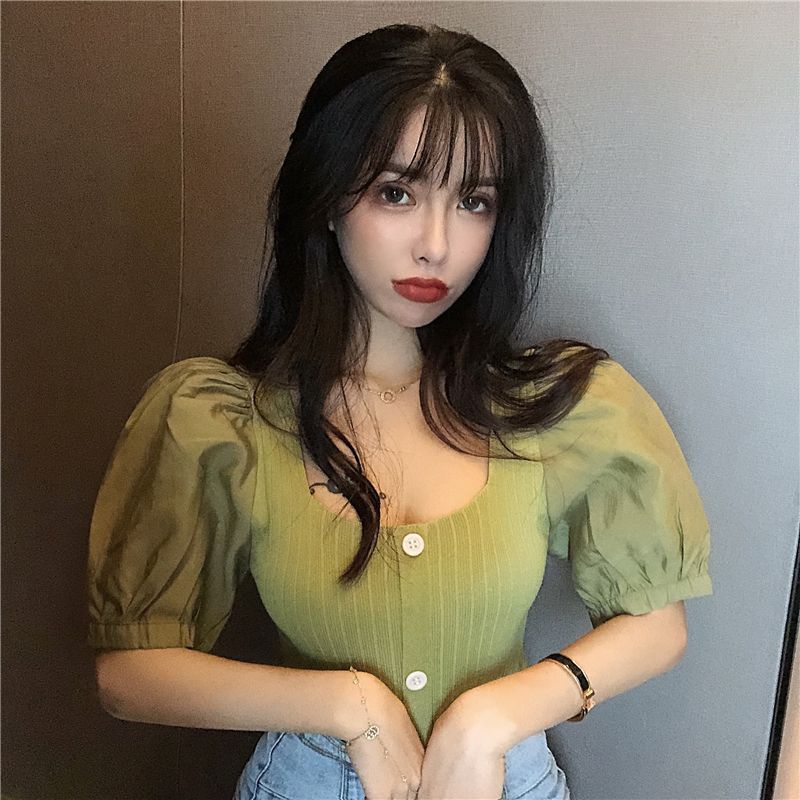 áo croptop dệt kim tay ngắn len trễ vai nữ cổ vuông dáng ôm thời trang mùa hè mới cho nữ