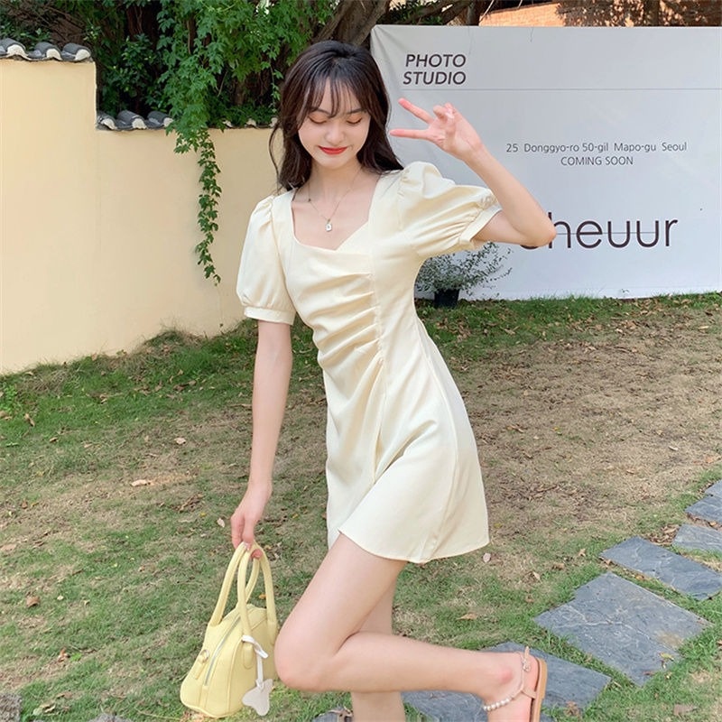 Đầm Tay Ngắn Cổ Vuông Màu Đen Phong Cách Pháp Thời Trang Cho Nữ