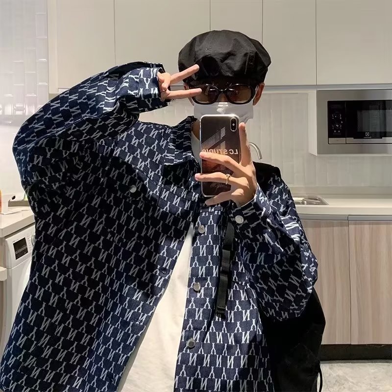 Áo khoác denim TF1 cao cấp in toàn bộ bề mặt phong cách thể thao Hồng Kông thời trang đường phố mùa thu cho nam