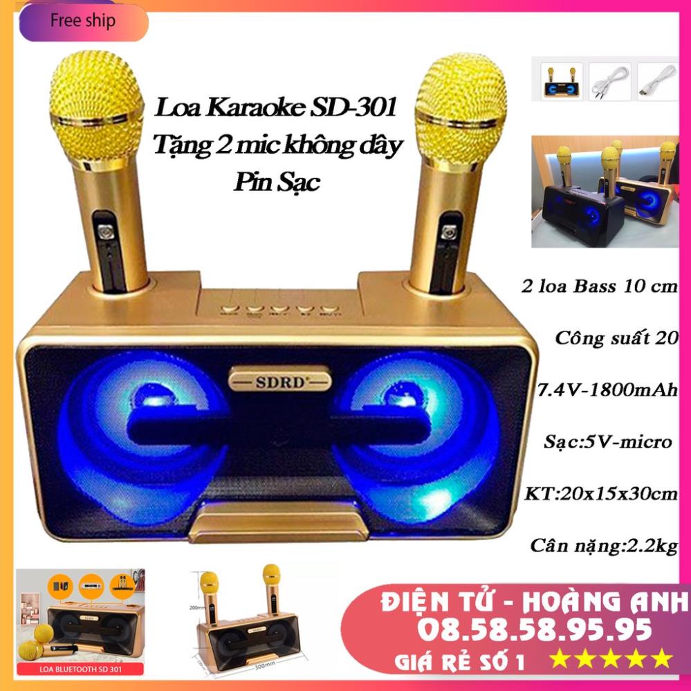 LOA KARAOKE SD309 Công Suất Lớn Kèm 2 Micro Không Dây Chỉnh ECHO, VOLUME