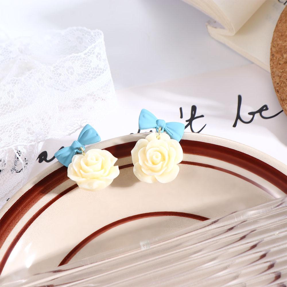 Bông Tai Đính Nơ Họa Tiết Hoa Màu Xanh Dương Phong Cách Hàn Quốc Thời Trang Cho Nữ