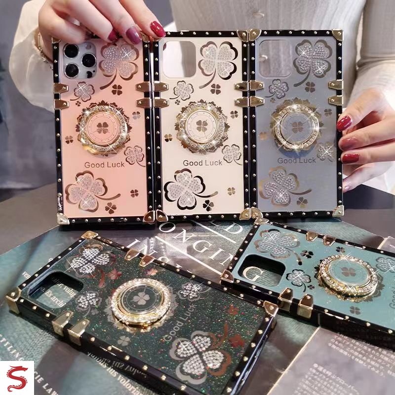 Ốp Điện Thoại Hình Vuông Họa Tiết Cỏ Bốn Lá Đính Kim Cương Giả Sang Trọng Cho Iphone 11 Pro Max 12 Pro Max XS XR 8 7Plsu 6Plus 6s