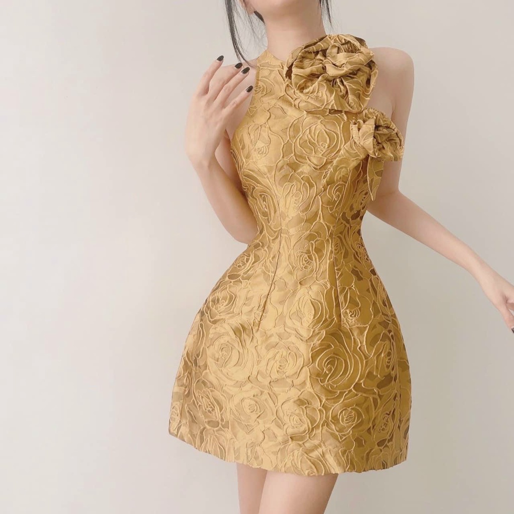 [3.3 Sales Freeship] Đầm nữ thiết kế đi tiệc, đầm gấm sát nách đính hoa hở lưng dáng chữ A màu đỏ vàng sang trọng dx