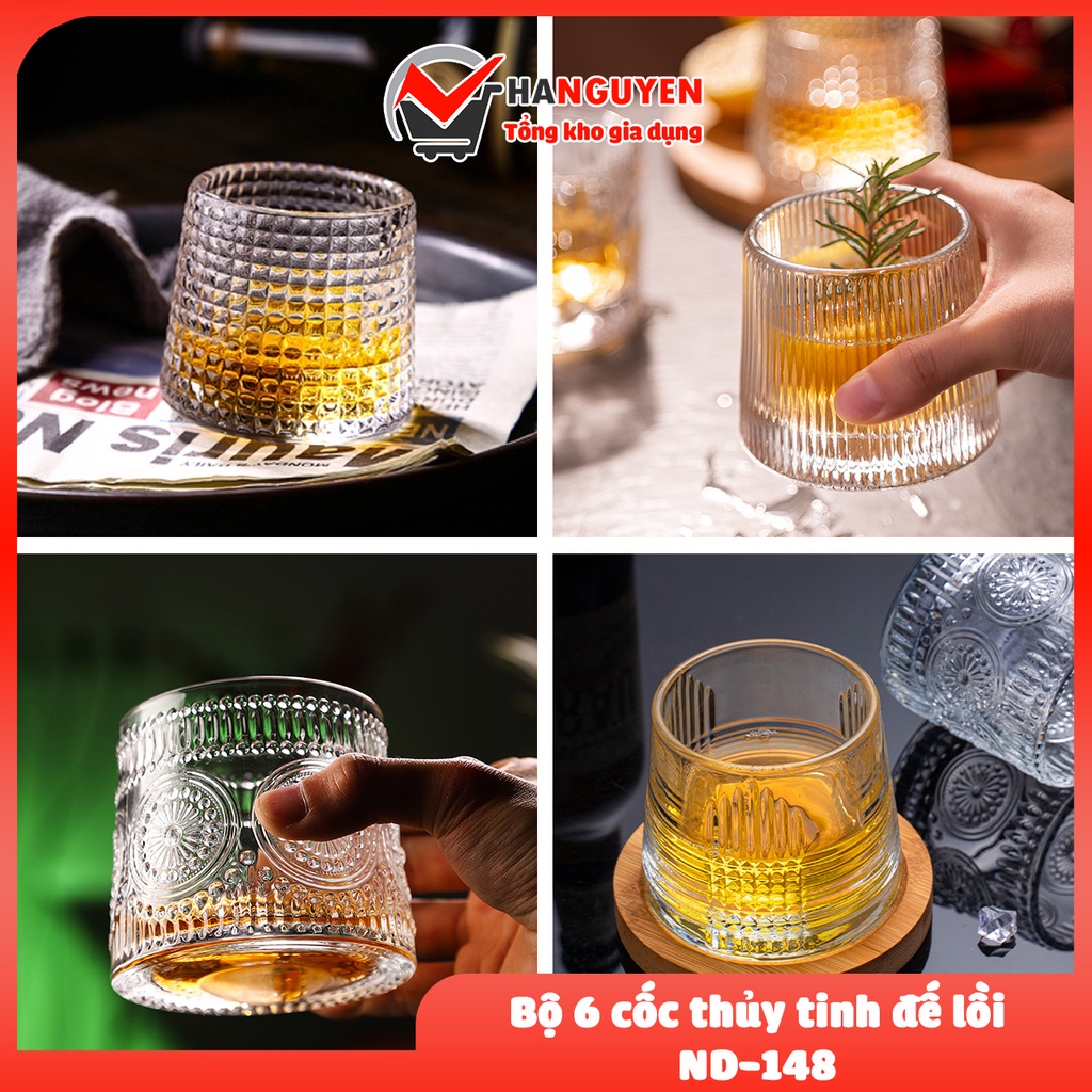 Set 6 cốc thuỷ tinh, ly thuỷ tinh đế lồi xoay cao cấp nhiều họa tiết