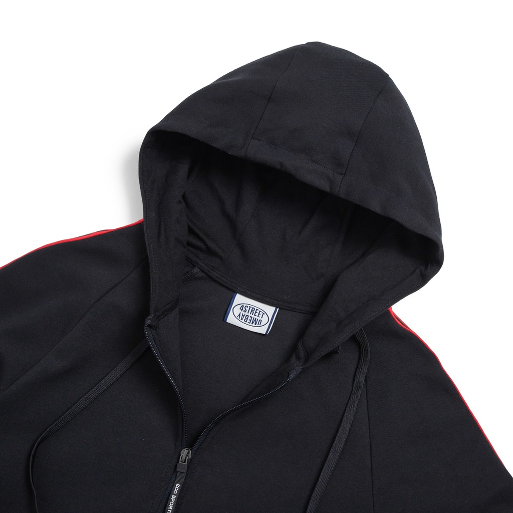 Áo hoodie thể thao nam mũ 2 lớp Umebay, vải đen phối sọc đỏ, cotton co giãn USS62A