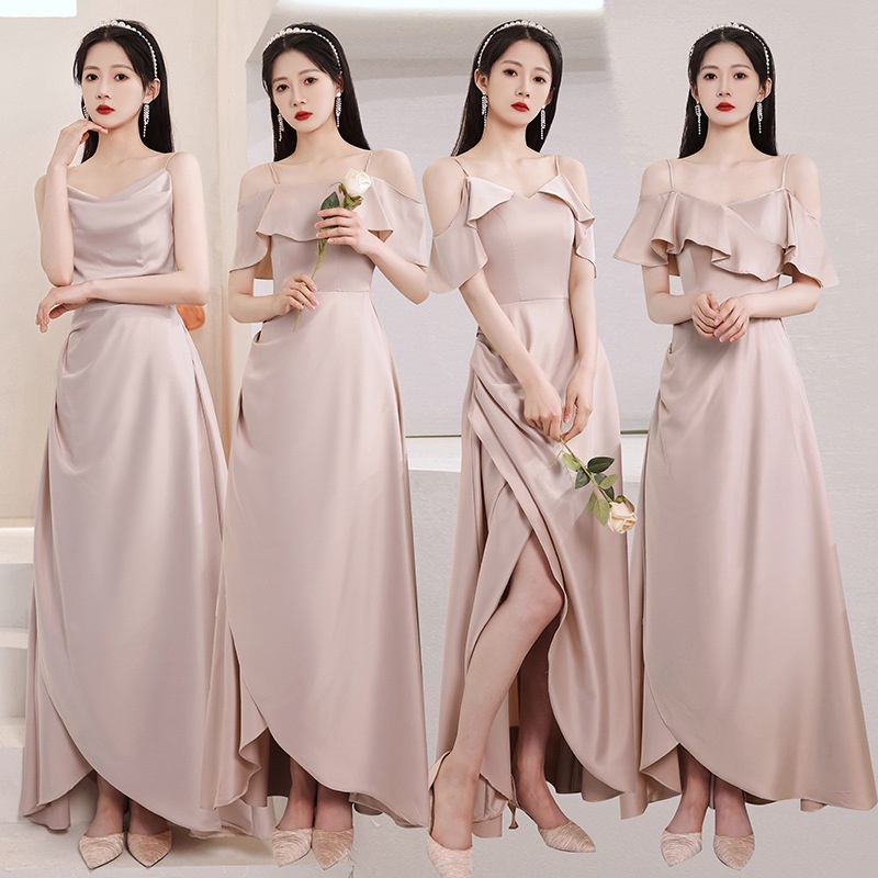 Đầm Phù Dâu Vải Satin Màu Hồng Nhạt 2c-v-24k Sang Trọng Thời Trang Thu Đông 2023