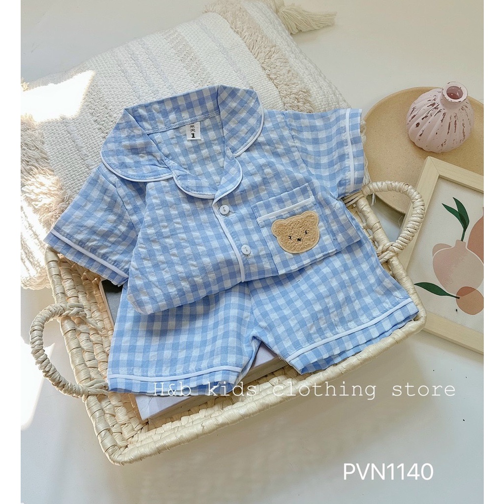 Pijama cho bé, bộ pijama cho bé trai, bé gái cộc tay kẻ caro túi hình gấu chất thô đũi - HADU KIDS 7-28kg
