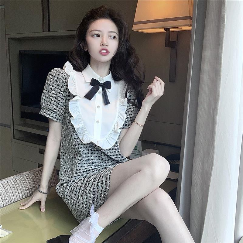 Đầm Ngắn Tay Họa Tiết Sọc Caro Đính Nơ Thời Trang Mùa Hè Cho Nữ195050