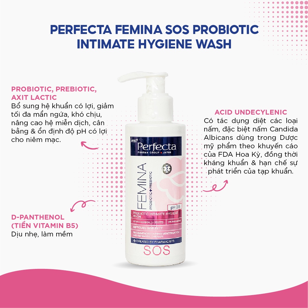 Dung dịch vệ sinh phụ nữ Perfecta Pharmacy Femina SOS Probiotic Intimate Hygiene Wash làm giảm kích ứng, mẩn đỏ 150ml