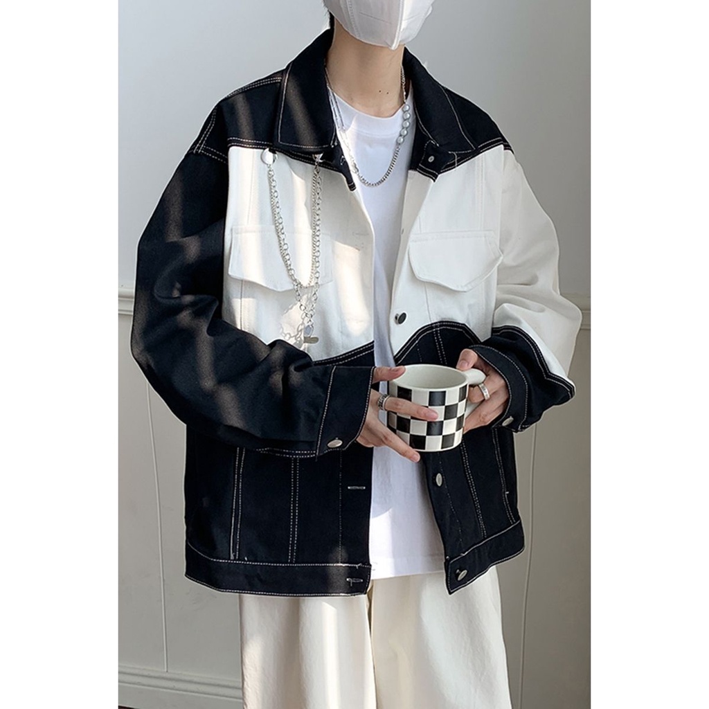 Áo Khoác jean Dáng Rộng Phối Màu Tương Phản Trắng Đen Thời Trang Cho Cặp Đôi joker2023 2.141423 2023