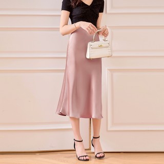 Chân váy đuôi cá dáng chữ a dài qua gối vải lụa satin sáng bóng thời trang 202