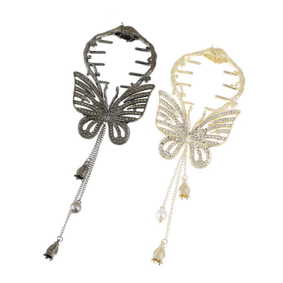 Kẹp Tóc Đuôi Ngựa Bằng Kim Loại Hình Bướm Đính Đá Pha Lê Tua Rua Phong Cách Hàn Quốc