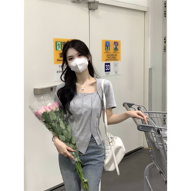 COZOKC COZOK Áo Thun Tay Ngắn Cổ Vuông Màu Trơn Thiết Kế Xẻ Tà Độc Đáo