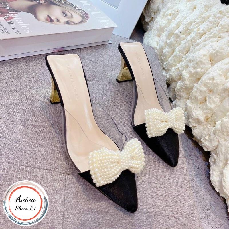 Sục mũi nhọn 5cm quai nơ gót mạ vàng siêu sang chảnh