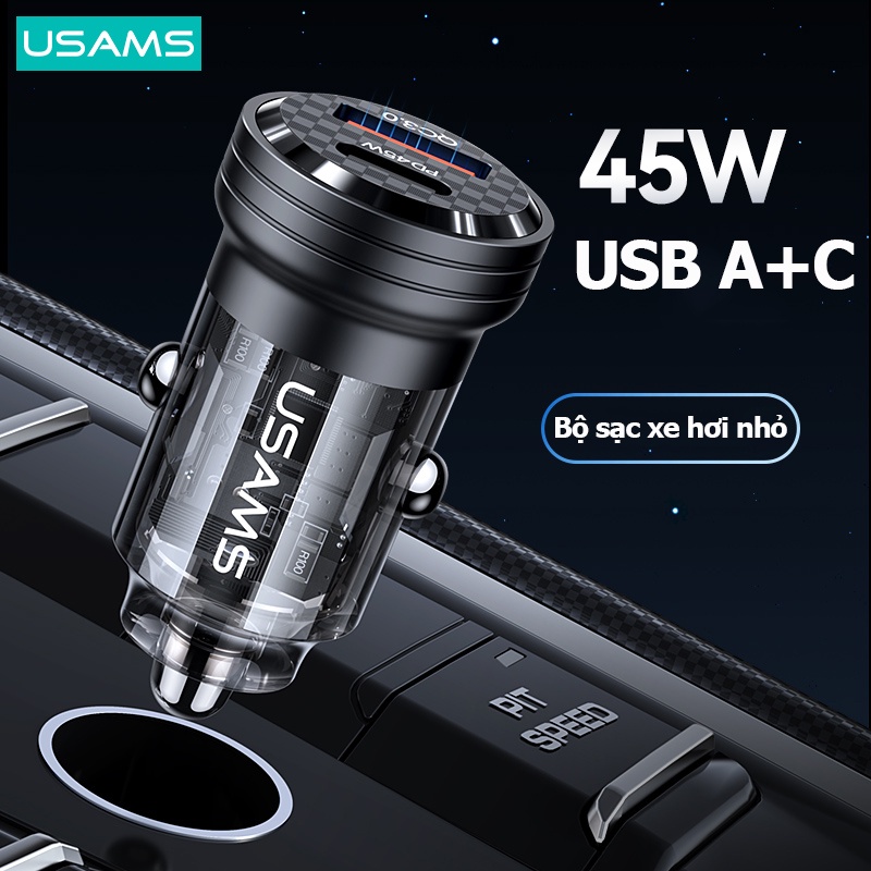 Usams Cốc Sạc Nhanh Mini Hai Cổng USB A C 45W Bằng Hợp Kim Nhôm Cho Điện Thoại / Máy Tính Bảng / iPD
