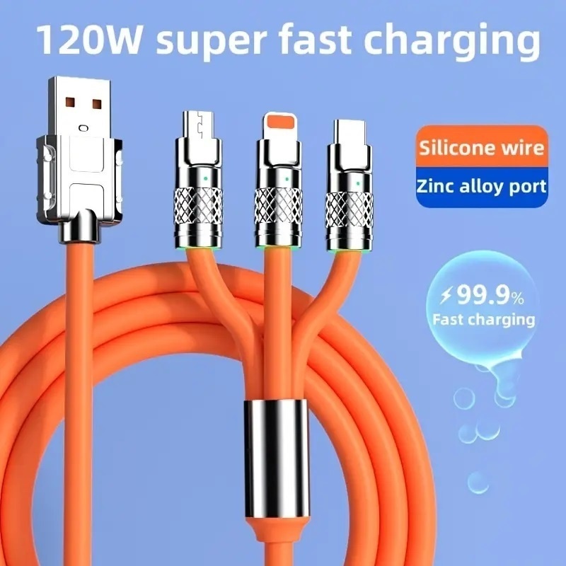 Dây Cáp Sạc Nhanh 120W 3 Trong 1 6A Bằng Silicon Hợp Kim Kẽm Vỏ Kim Loại + Cổng Type-C / Micro USB