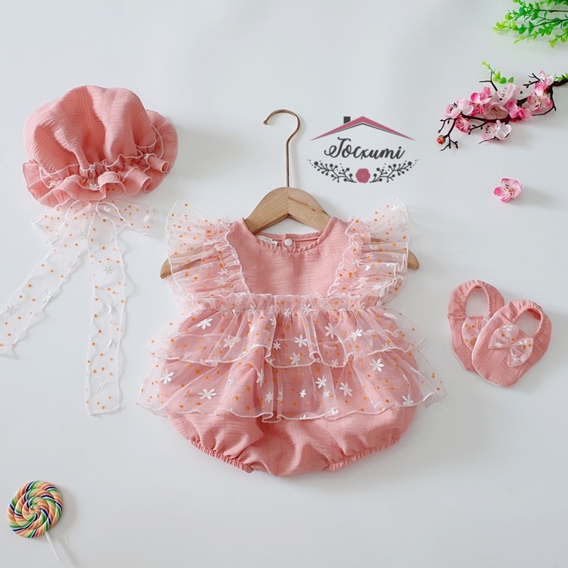 Bộ liền thân hồng cam cánh tiên phối lưới hoa bi siêu cưng - Tocxumi
