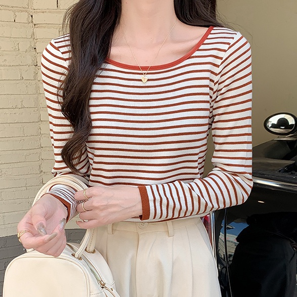 Áo Thun Dệt Kim Tay Dài Cổ Tròn Họa Tiết Kẻ Sọc Màu Tương Phản Phong Cách Hàn Quốc Thời Trang