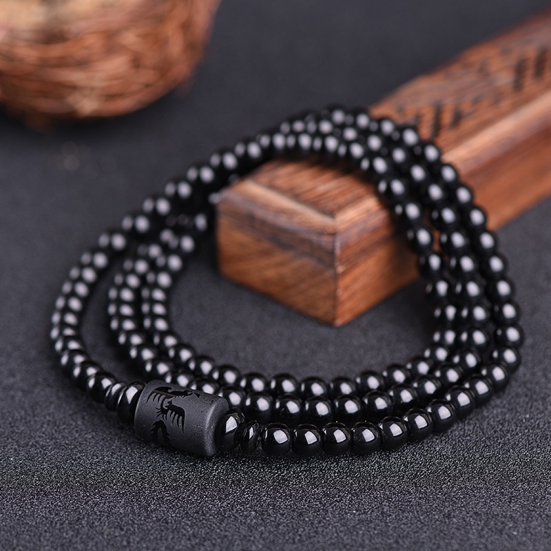 Vòng đeo tay chuỗi hạt đá hắc diện mặt hình rồng/ phượng cầu may mắn thời trang dành cho cả nam và nữ