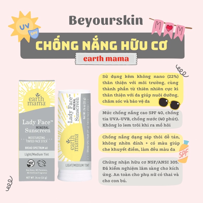 Kem chống nắng có màu hữu cơ dạng thỏi Earth Mama Lady Face Mineral Sunscreen Face Stick SPF 40