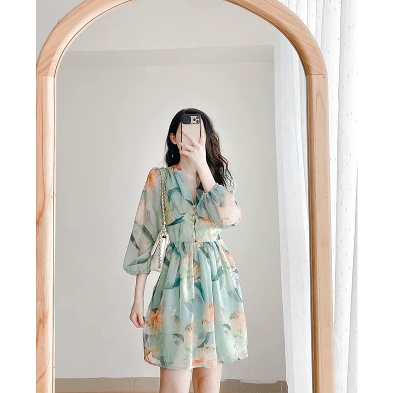 Váy Hoa Dáng Xòe MYAN Thiết Kế Voan Cổ V Tay Bồng, Họa Tiết Hoa Nổi Bật VVN062106