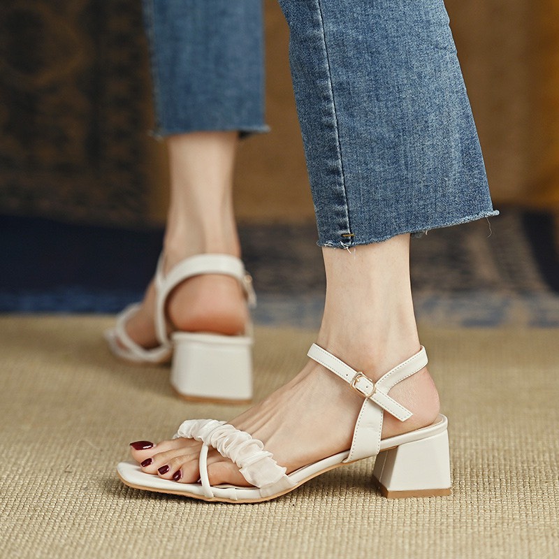 GIÀY SANDAL CAO GÓT BBS70 NỮ ĐÊ VUÔNG 3.5P VÀ 7P MÀU ĐEN, TRẮNG SANG CHẢNH QUÝ PHÁI