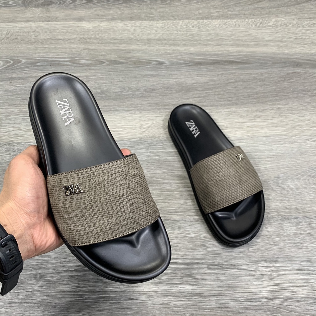 Dép Nam ZARA. Mạnh Cường, Dép nam quai ngang 1 bản quai xám đế cao su mặt kem