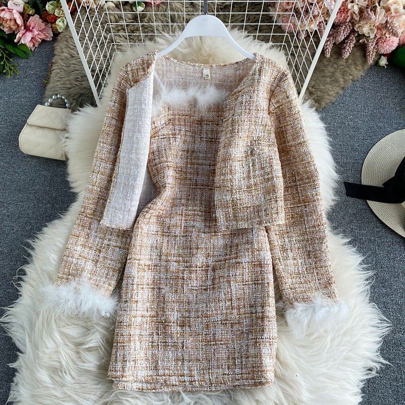 [Hàng order]Set váy áo dạ tweed sang chảnh váy 2 dây đính lông và áo khoác dạ tweed Đ247