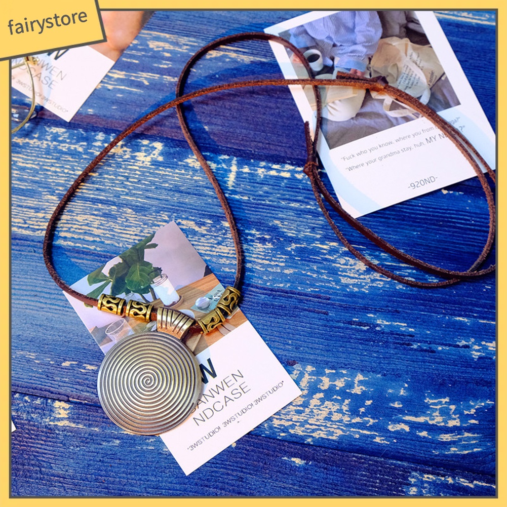 Vòng cổ Giả Da Mặt Tròn Hình Đĩa Tròn Xoắn Ốc Phong Cách Vintage Cổ Điển Dành Cho Nữ [Fairy1]