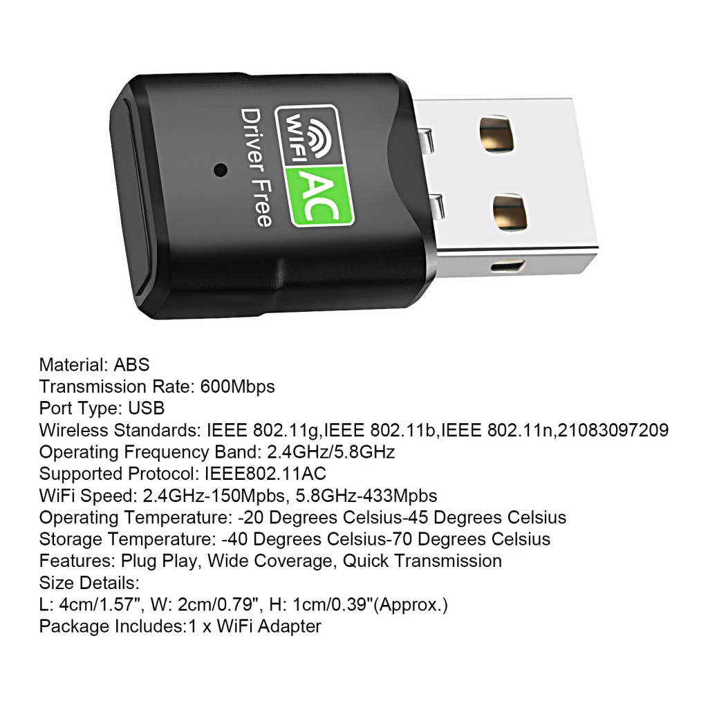 Thẻ Mạng WiFi Không Dây Băng Tần Kép Rộng 600Mbps USB 2.4 / 5.8GHz Cho Laptop Windows 7 / 8 / 10 / 11 / Vista / XP