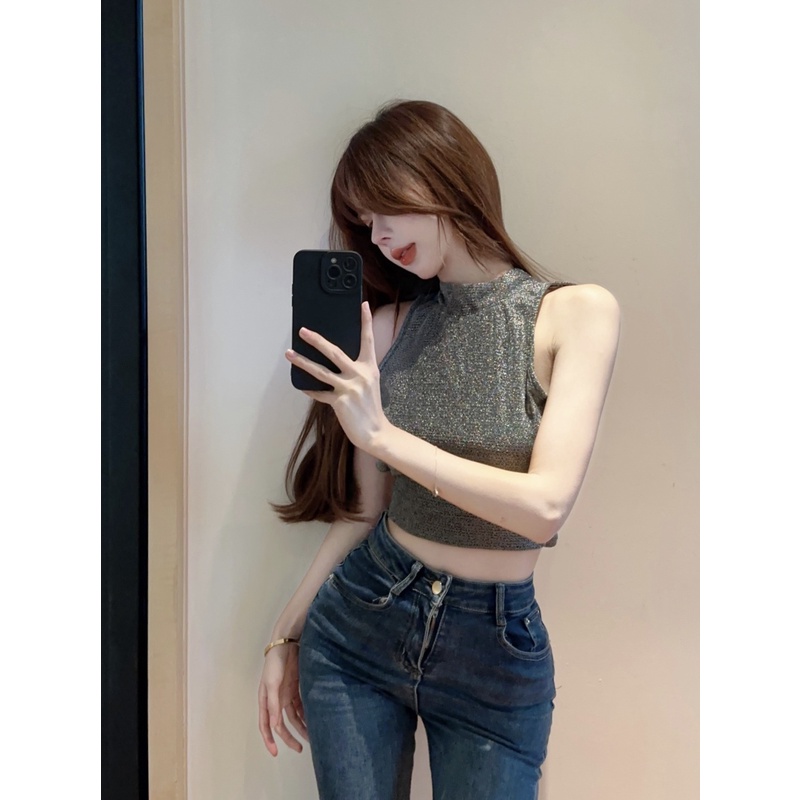 Áo Hai Dây Đính Kim Sa Lấp Lánh Thời Trang Mùa Hè Quyến Rũ Cho Nữ