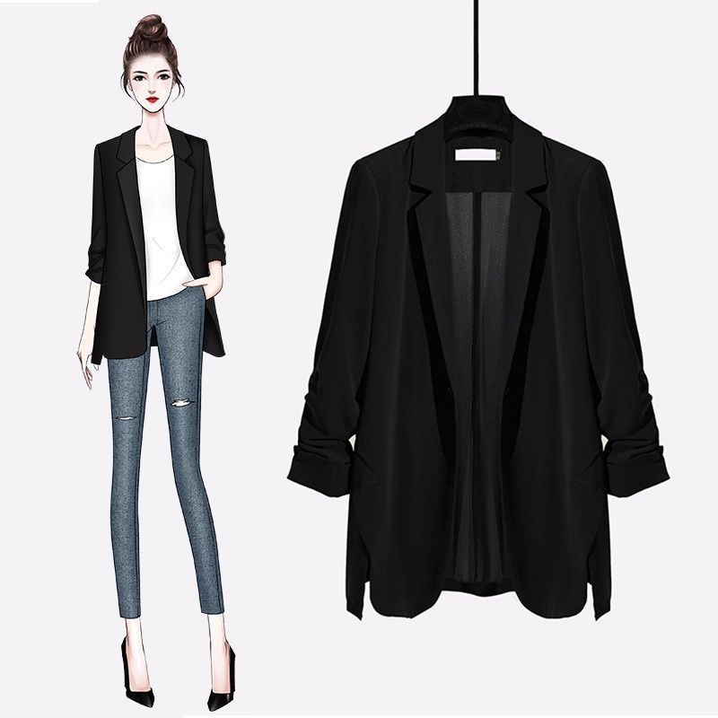 Hàng Mới Về Áo Khoác Blazer Vải Chiffon Mỏng Dáng Rộng Màu Đen Dễ Phối Đồ