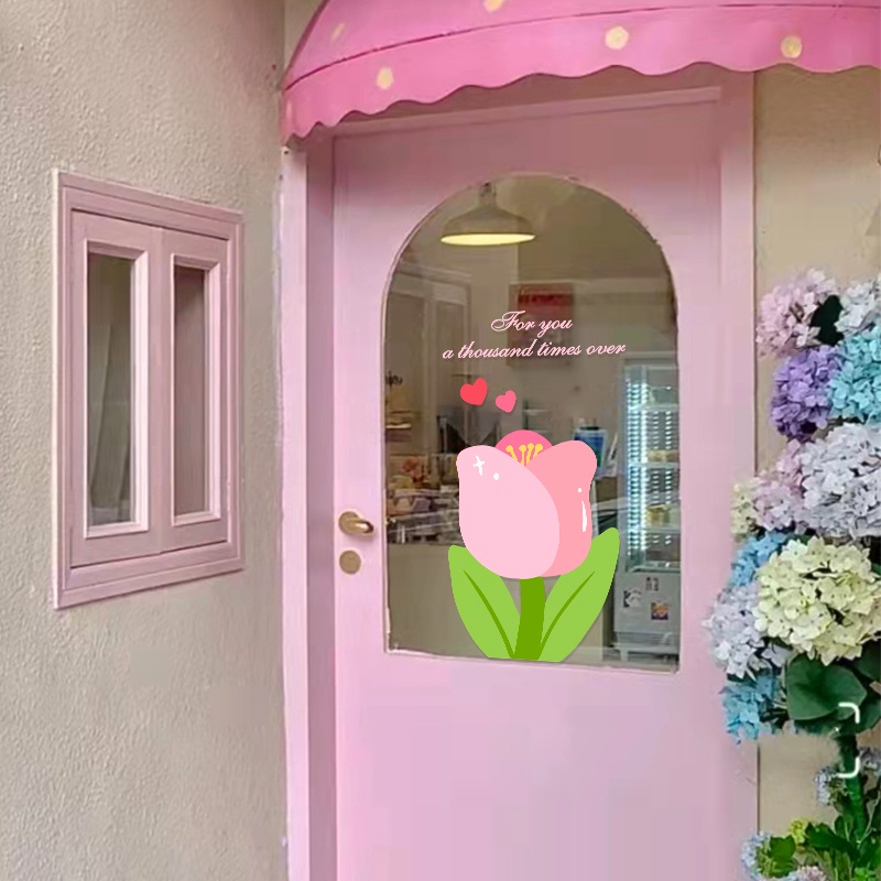 Hình dán Tulip heart trang trí gương cửa hàng cute