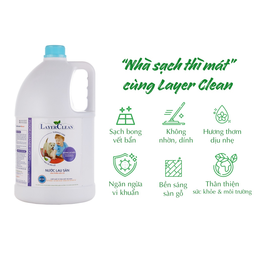 Nước lau sàn Layer Clean hữu cơ an toàn cho bé  can 5 lít hương gió biển, hương quế, hương nước hoa